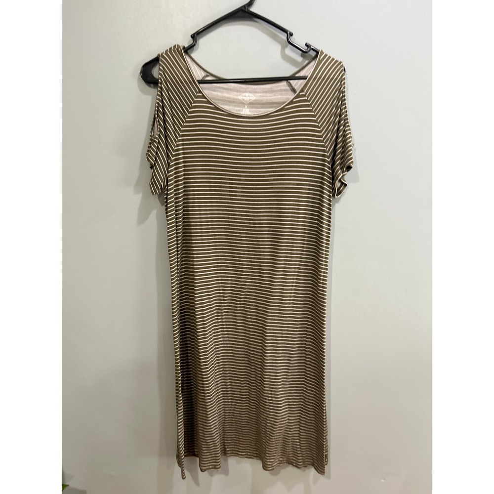 St Johns Bay Womens Olive Green Striped Cold Shoulder T-Shirt Midi Dress Size M